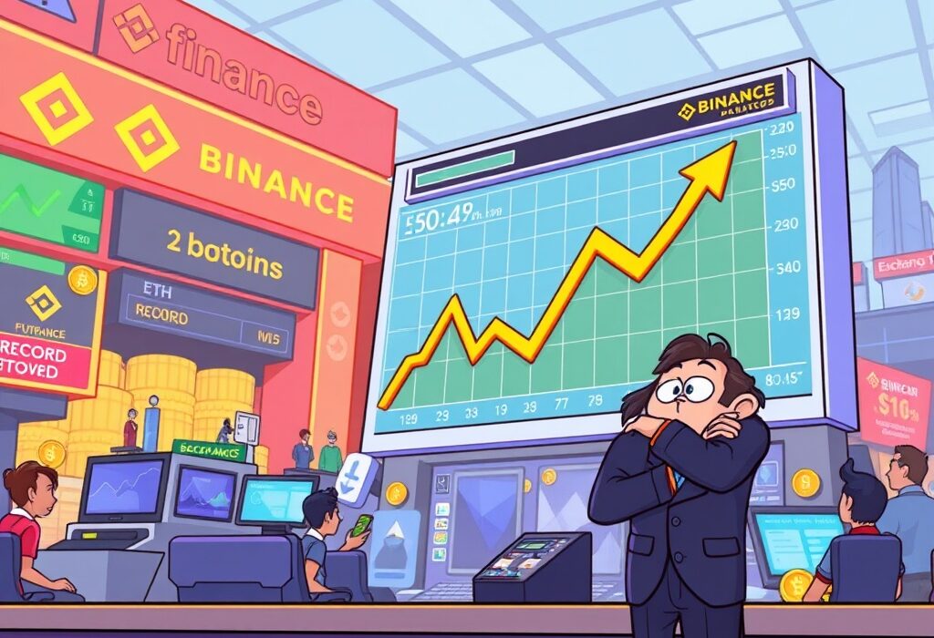 A vibrant cartoon illustrating Binance's significant lead in the ETH futures market, showcasing record-breaking trading volumes and market dominance.