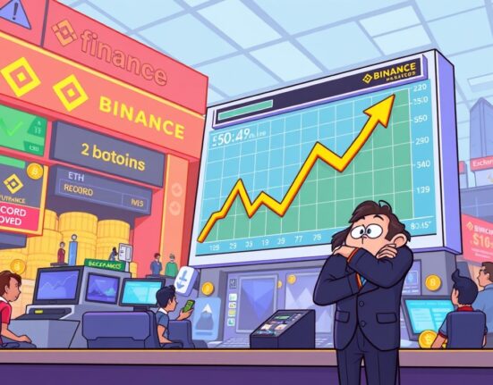 A vibrant cartoon illustrating Binance's significant lead in the ETH futures market, showcasing record-breaking trading volumes and market dominance.