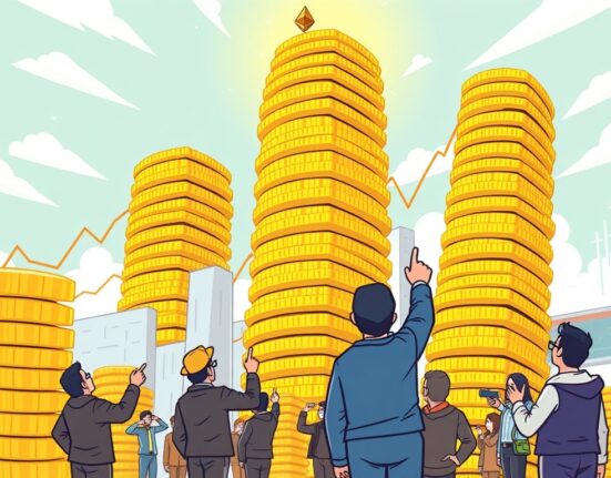 Cartoon illustration depicting the dramatic surge in ETH futures open interest, reaching a record $70 billion.