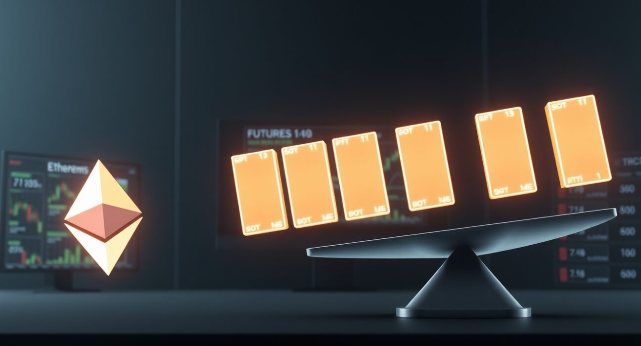 Analytical visualization of ETH futures volume massively outweighing spot trading, indicating high market speculation.