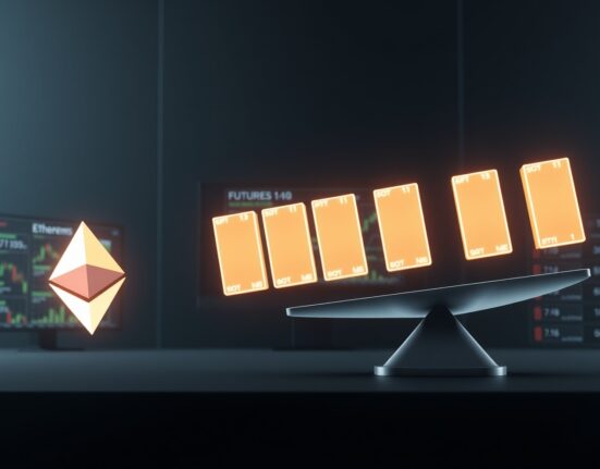 Analytical visualization of ETH futures volume massively outweighing spot trading, indicating high market speculation.