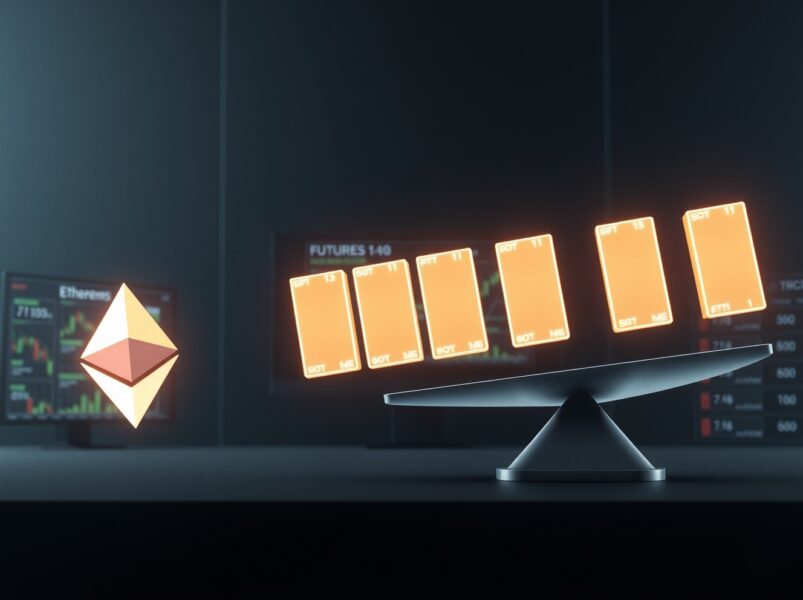 Analytical visualization of ETH futures volume massively outweighing spot trading, indicating high market speculation.