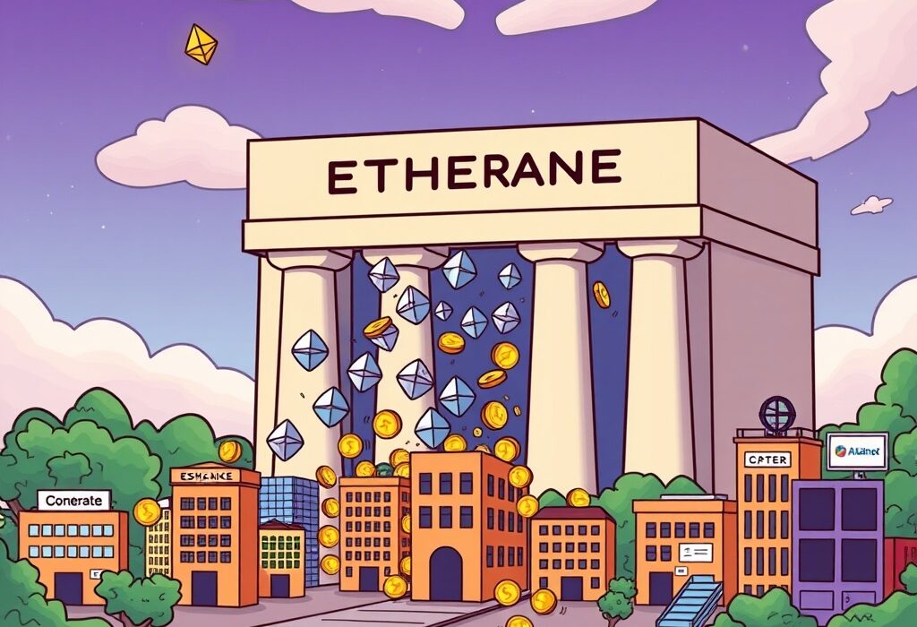 Cartoon illustration showing Ethereum (ETH) holdings migrating from centralized exchanges to institutional and private wallets.