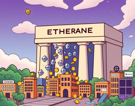 Cartoon illustration showing Ethereum (ETH) holdings migrating from centralized exchanges to institutional and private wallets.