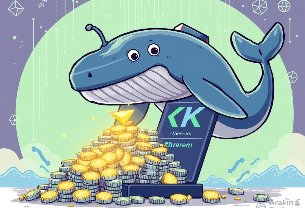 Cartoon whale depositing a significant ETH Kraken deposit onto an exchange, illustrating a large crypto transaction.