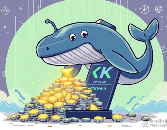 Cartoon whale depositing a significant ETH Kraken deposit onto an exchange, illustrating a large crypto transaction.