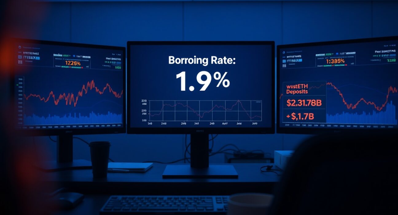 Trading monitors showing Ethereum price charts and declining DeFi deposit data after rsETH hack