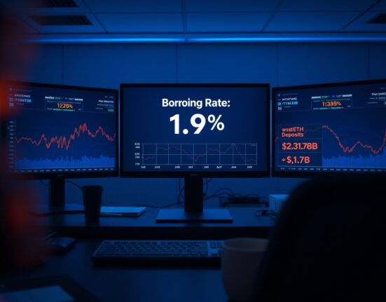 Trading monitors showing Ethereum price charts and declining DeFi deposit data after rsETH hack