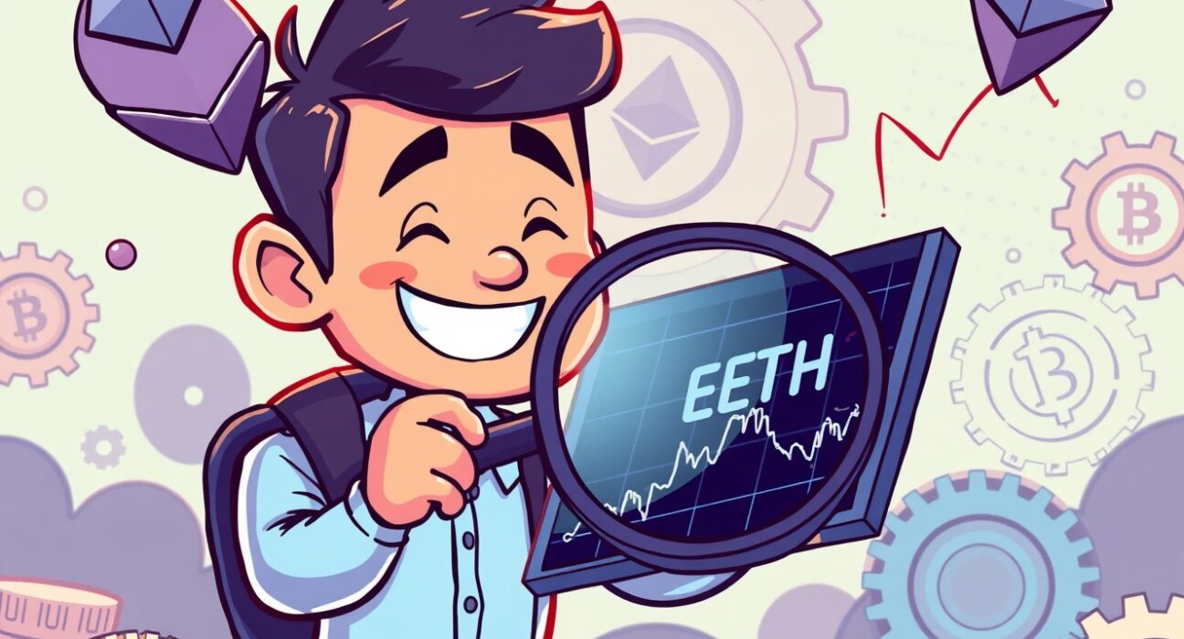 Cartoon illustration of an investor benefiting from the new ETH leverage ETF, showing growth and strategic options.
