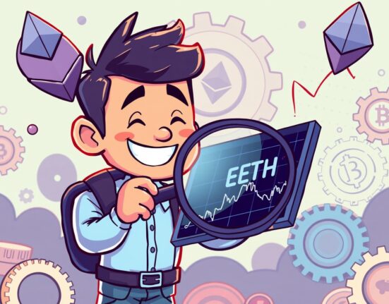 Cartoon illustration of an investor benefiting from the new ETH leverage ETF, showing growth and strategic options.