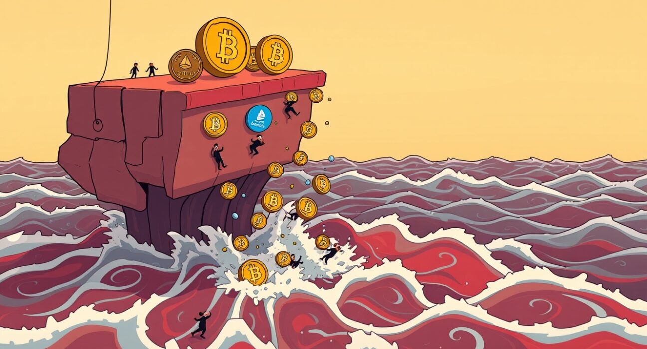 A cartoon illustration depicting significant ETH liquidations across the crypto market, showing digital assets falling rapidly as long positions are closed.