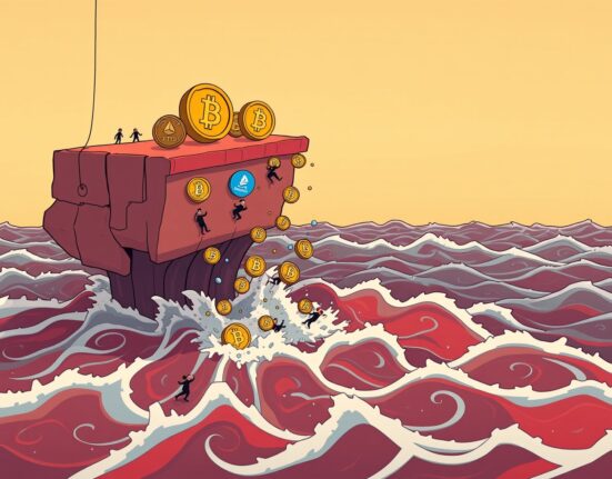 A cartoon illustration depicting significant ETH liquidations across the crypto market, showing digital assets falling rapidly as long positions are closed.