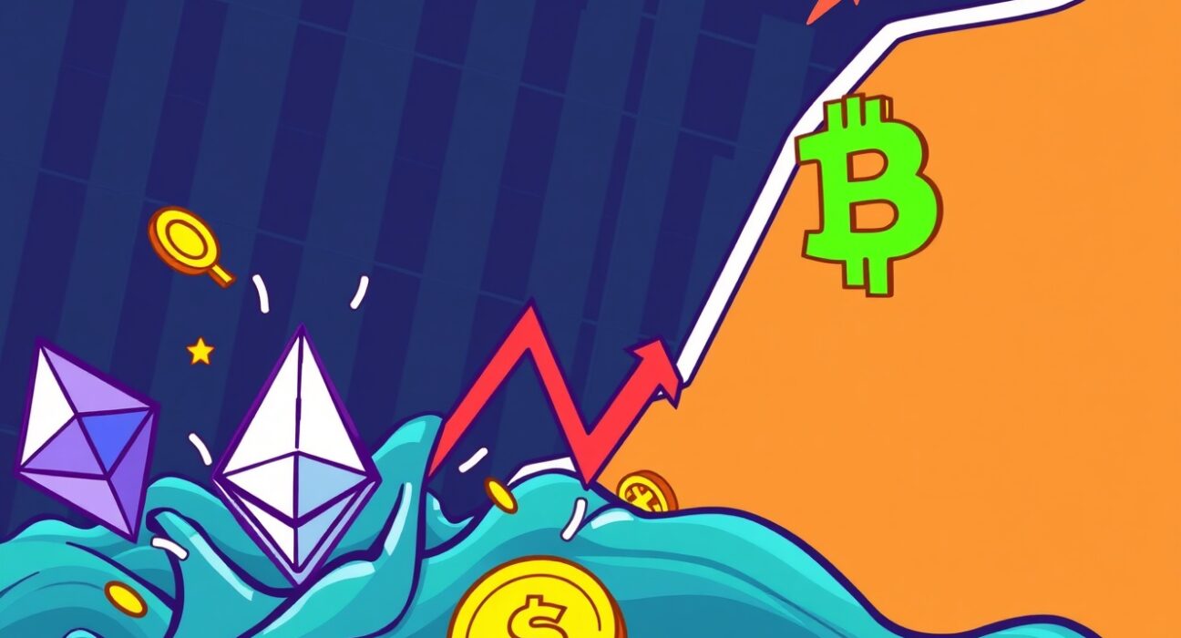A cartoon illustration showing the significant impact of ETH liquidations on the broader cryptocurrency market, with volatile price movements.