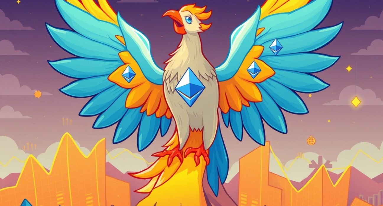 ETH perpetual futures recovery shown as phoenix rising from market charts signaling rebound