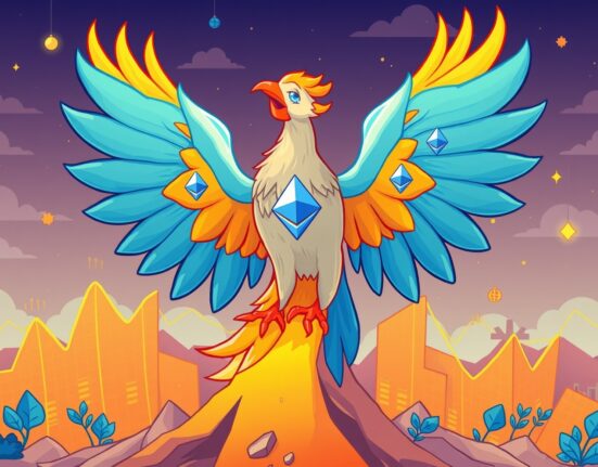 ETH perpetual futures recovery shown as phoenix rising from market charts signaling rebound