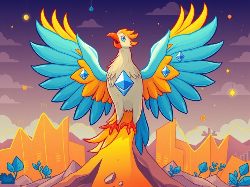 ETH perpetual futures recovery shown as phoenix rising from market charts signaling rebound
