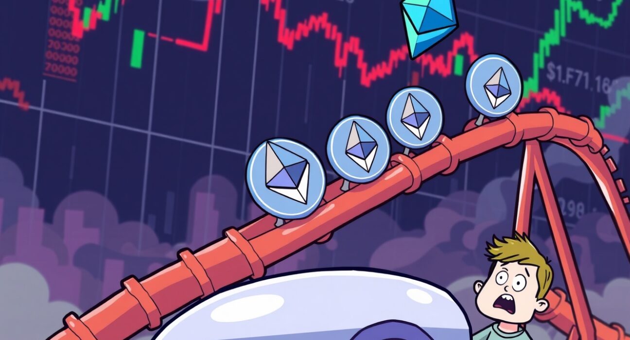 ETH price volatility shown through cartoon rollercoaster with Ethereum symbols