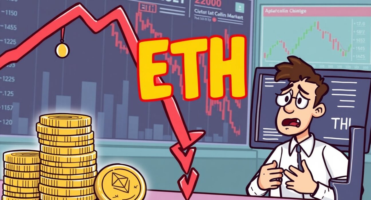 A cartoon illustration showing Ethereum's market decline, reflecting the potential ETH price drop due to plummeting trading volume.