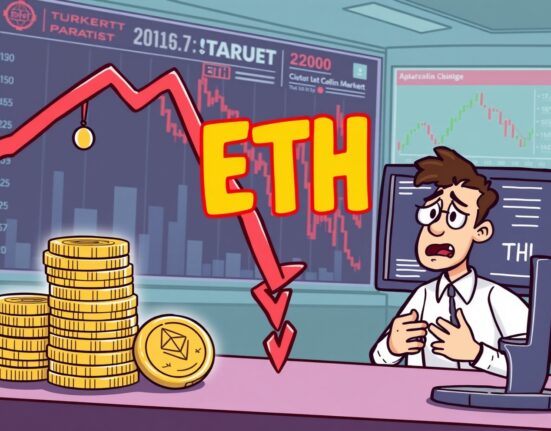 A cartoon illustration showing Ethereum's market decline, reflecting the potential ETH price drop due to plummeting trading volume.