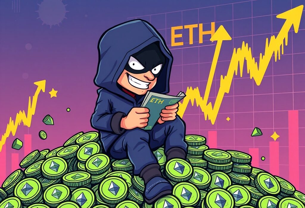 A cartoon illustration showing an Ethereum hacker profiting significantly from the recent ETH price surge, highlighting unexpected hacker gains.