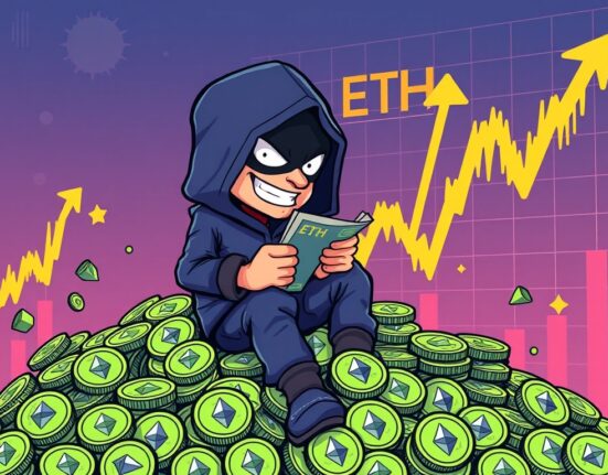 A cartoon illustration showing an Ethereum hacker profiting significantly from the recent ETH price surge, highlighting unexpected hacker gains.