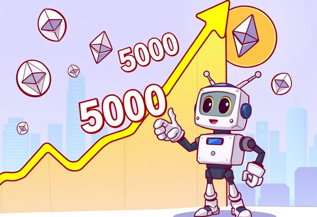 A vibrant cartoon depicting a strong ETH price prediction, showing an Ethereum chart surging towards a $5K target based on market odds.