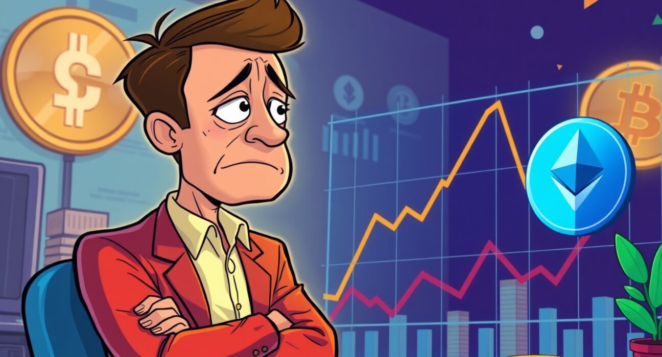 A cartoon illustration of a worried investor looking at a declining chart for ETH price prediction.