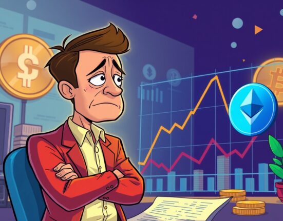 A cartoon illustration of a worried investor looking at a declining chart for ETH price prediction.