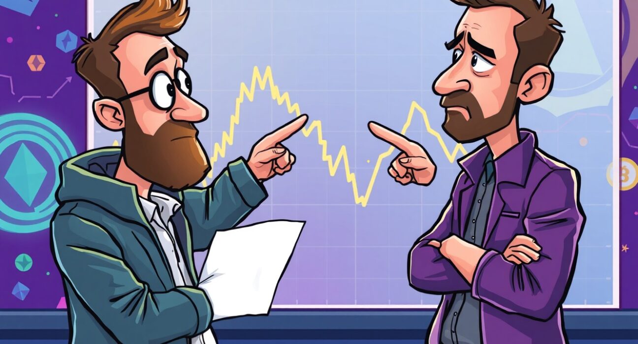 A cartoon showing two analysts debating an ETH price prediction chart, highlighting contrasting market views.