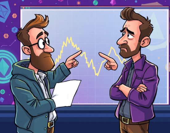 A cartoon showing two analysts debating an ETH price prediction chart, highlighting contrasting market views.