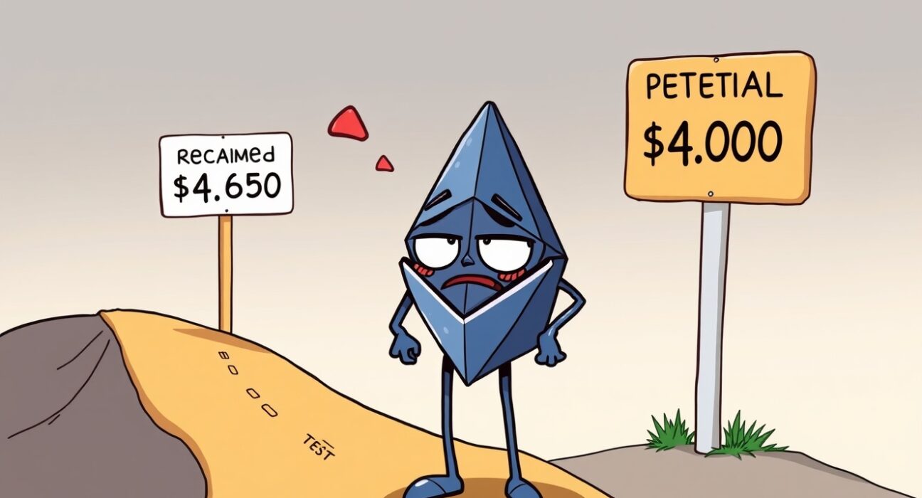An illustration showing the critical ETH price prediction crossroads, with Ethereum potentially heading to $4,000 or reclaiming $4,650.
