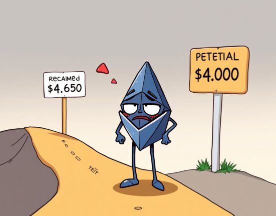 An illustration showing the critical ETH price prediction crossroads, with Ethereum potentially heading to $4,000 or reclaiming $4,650.
