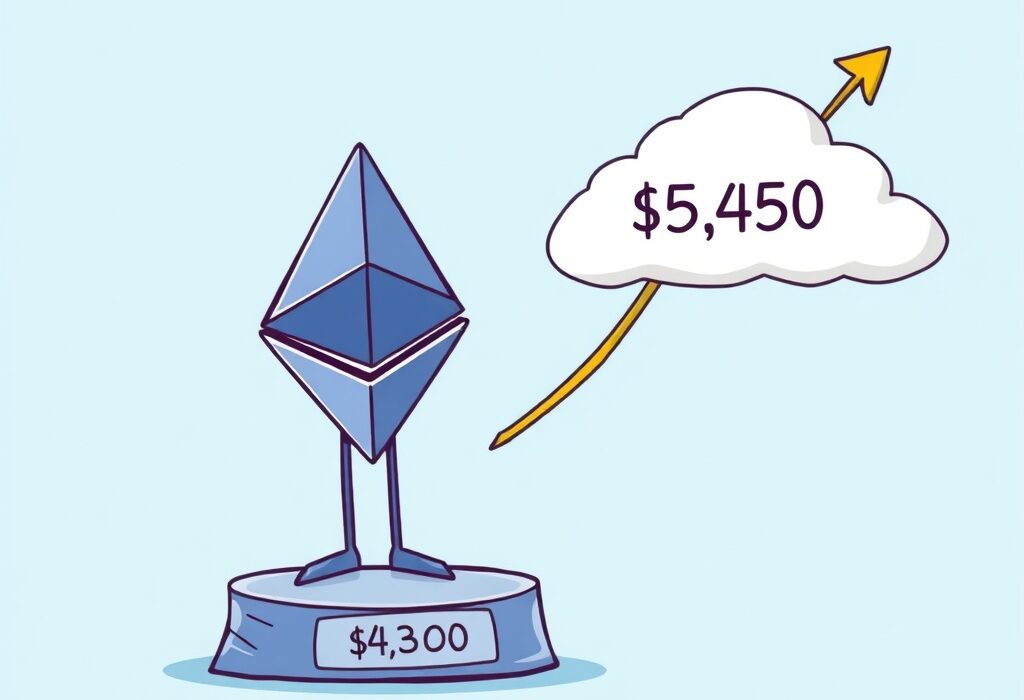 A cartoon illustration showing the ETH price prediction, with Ethereum poised to rise from a $4,300 bottom to $5,450.