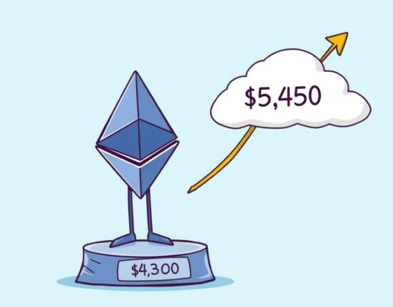 A cartoon illustration showing the ETH price prediction, with Ethereum poised to rise from a $4,300 bottom to $5,450.