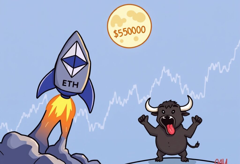 A cartoon illustration showing Ethereum reaching its ETH price target of $5000, signifying strong market growth.