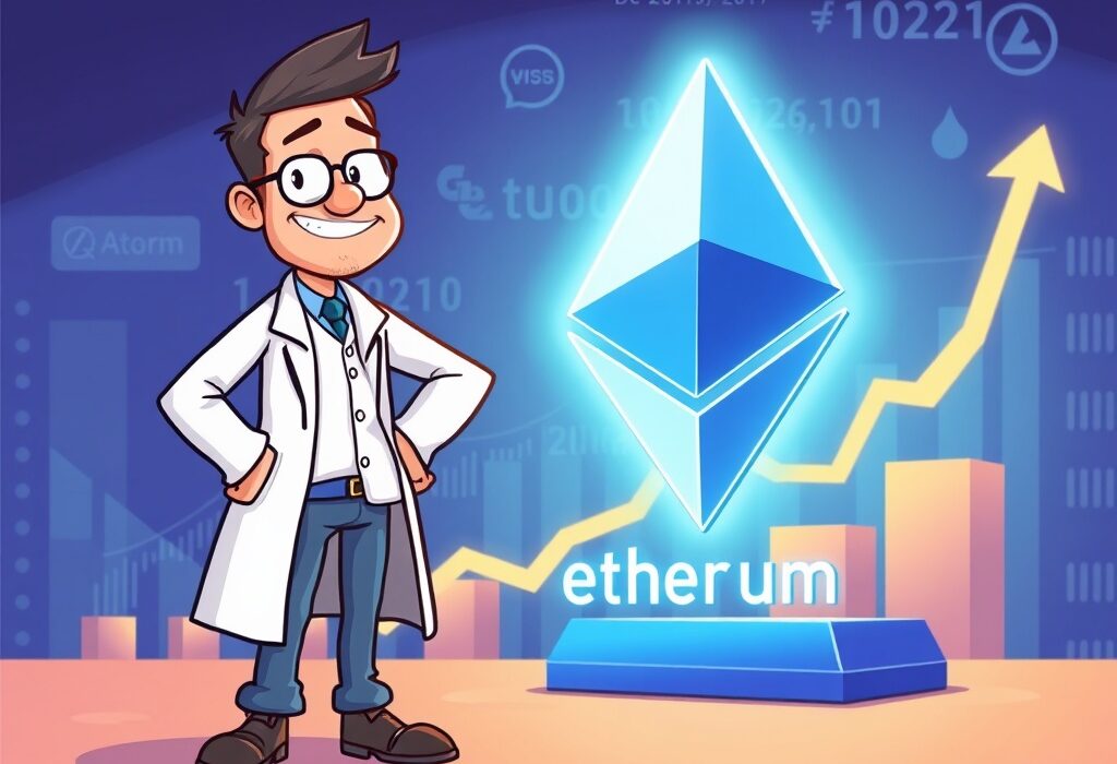 A cartoon illustration showing a significant ETH purchase and Ethereum investment by a biotech company, highlighting strategic digital asset acquisition.