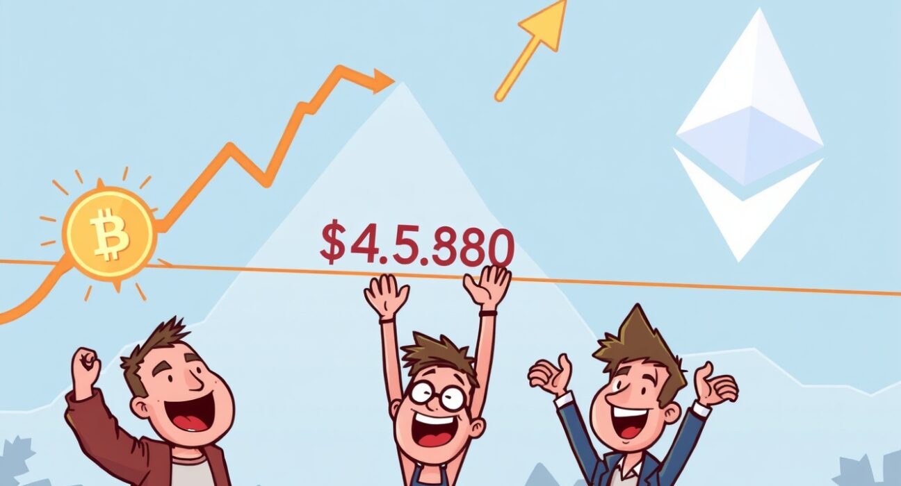 A cartoon illustration showing ETH reclaiming $4,580 on a price chart, symbolizing a pivotal moment for Ethereum's market sentiment.