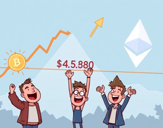 A cartoon illustration showing ETH reclaiming $4,580 on a price chart, symbolizing a pivotal moment for Ethereum's market sentiment.