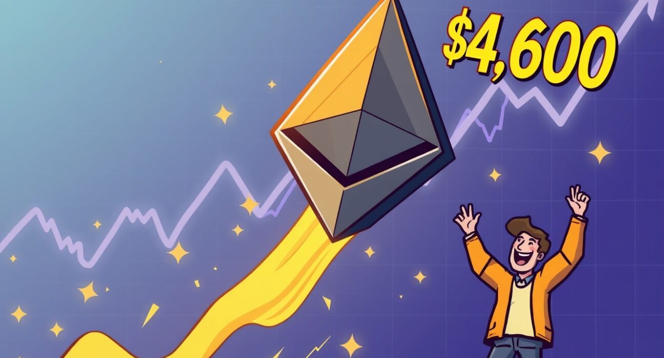 Cartoon illustration showing the ETH logo triumphantly soaring past the $4,600 mark, symbolizing the strong ETH recovers trend.