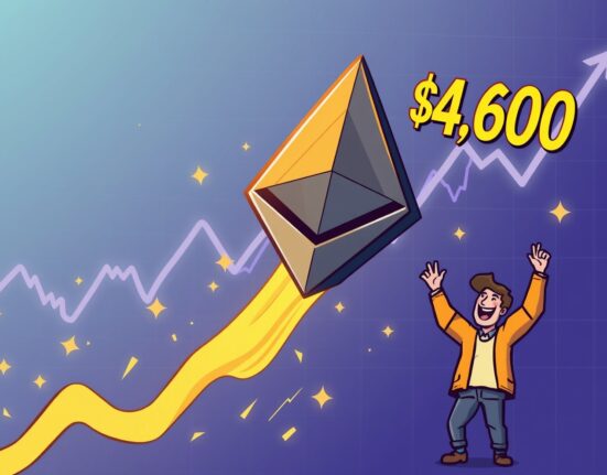 Cartoon illustration showing the ETH logo triumphantly soaring past the $4,600 mark, symbolizing the strong ETH recovers trend.