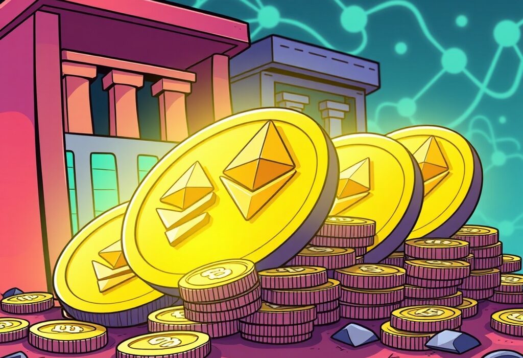 A cartoon image showing large firms holding significant ETH reserves, illustrating the growing institutional ETH holdings in the market.