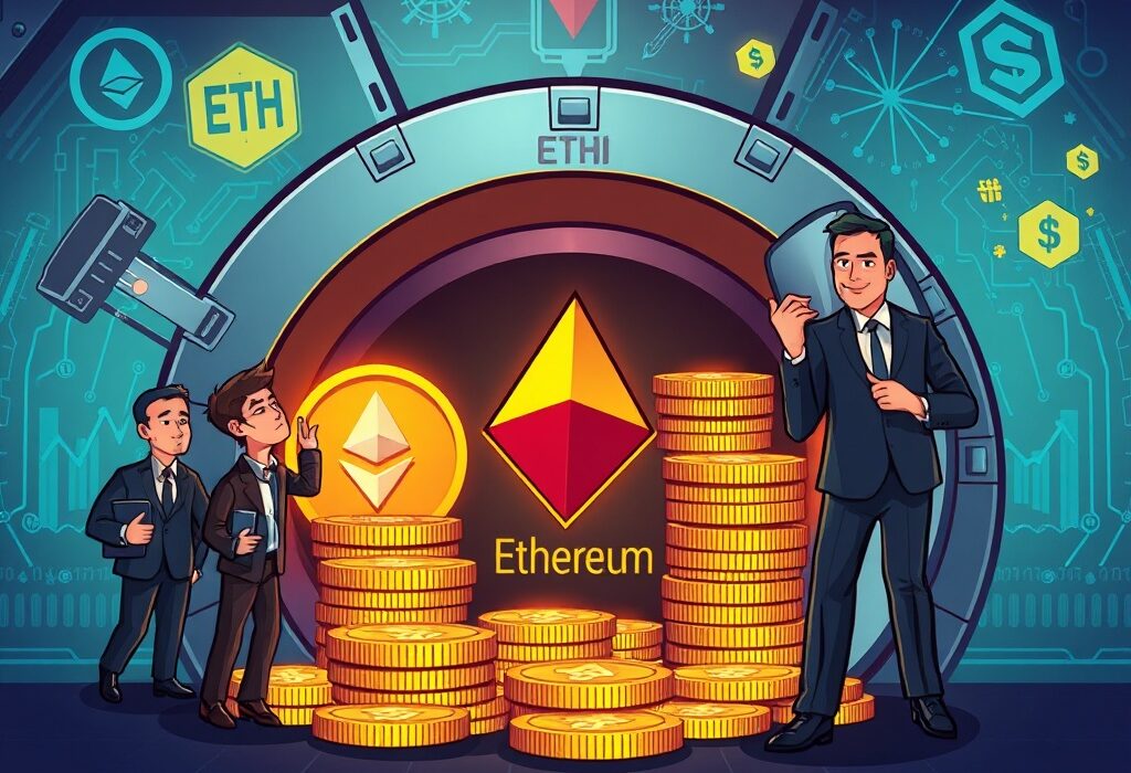 A cartoon illustration showing corporate figures collecting large Ethereum (ETH) coin stacks in a digital vault, symbolizing the significant ETH reserves held by firms.