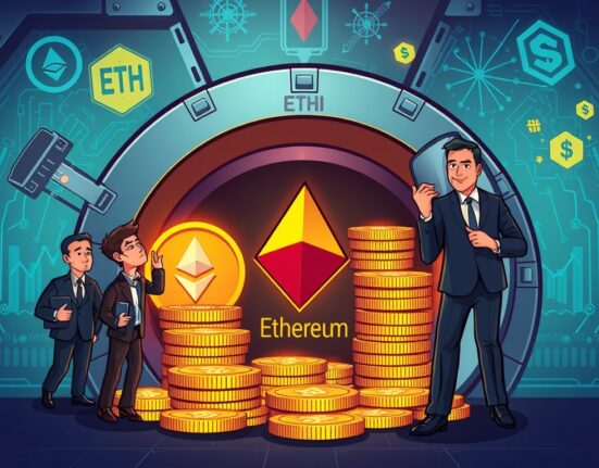 A cartoon illustration showing corporate figures collecting large Ethereum (ETH) coin stacks in a digital vault, symbolizing the significant ETH reserves held by firms.