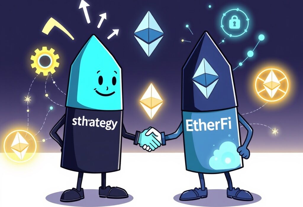 A cartoon illustration showing ETH Strategy and EtherFi entities collaborating, symbolizing their powerful partnership to advance ETH restaking.