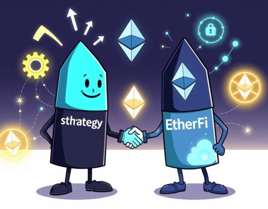 A cartoon illustration showing ETH Strategy and EtherFi entities collaborating, symbolizing their powerful partnership to advance ETH restaking.