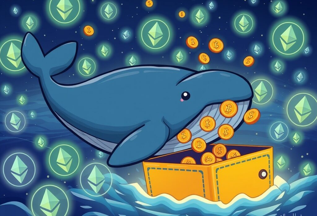 A cartoon whale represents a large ETH sale, impacting the crypto market. This image conveys the significant Ethereum whale transaction.