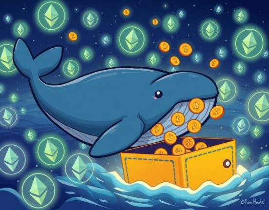 A cartoon whale represents a large ETH sale, impacting the crypto market. This image conveys the significant Ethereum whale transaction.