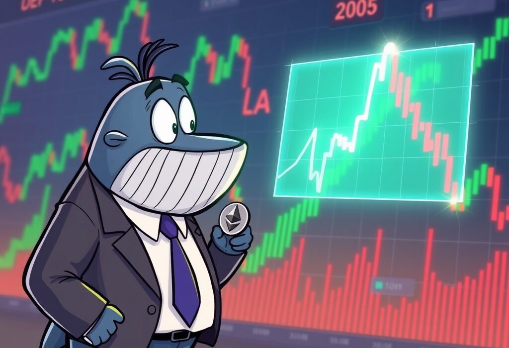 A cartoon crypto whale, AguilaTrades, observes a chart, symbolizing the significant ETH short position and high-stakes Ethereum trading.