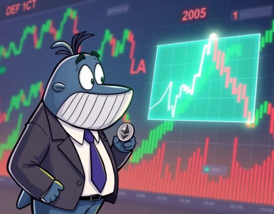A cartoon crypto whale, AguilaTrades, observes a chart, symbolizing the significant ETH short position and high-stakes Ethereum trading.