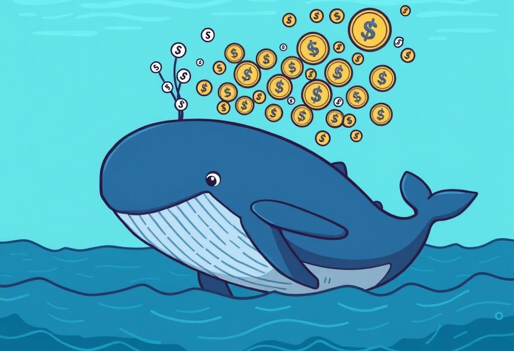 A large cartoon whale in a digital ocean, representing a Hyperliquid whale's significant ETH Short position and its market impact.